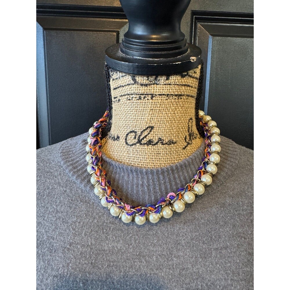 Beaded statement necklace  purple, orange, and pink threads white pearl-beads
